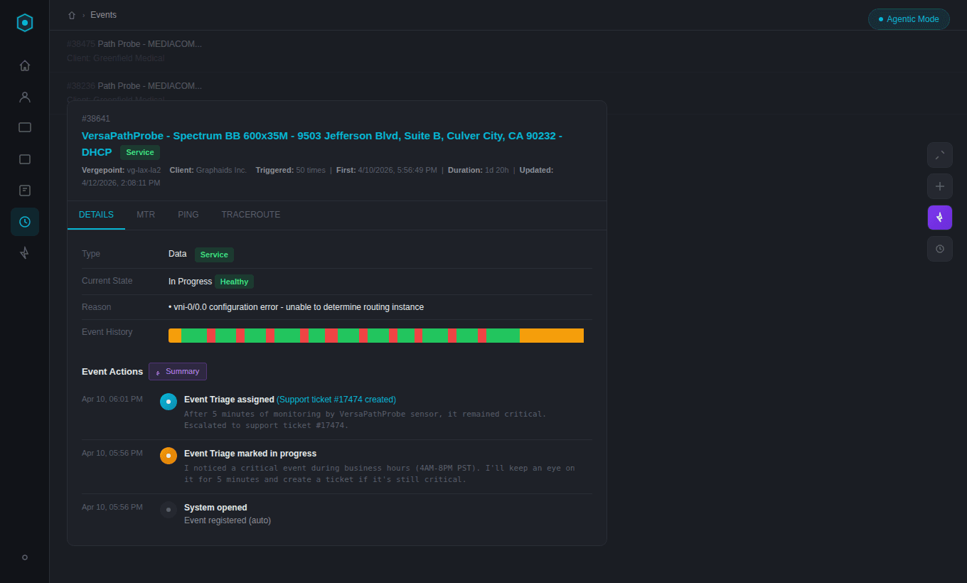 Event detail showing automated triage actions and ticket creation