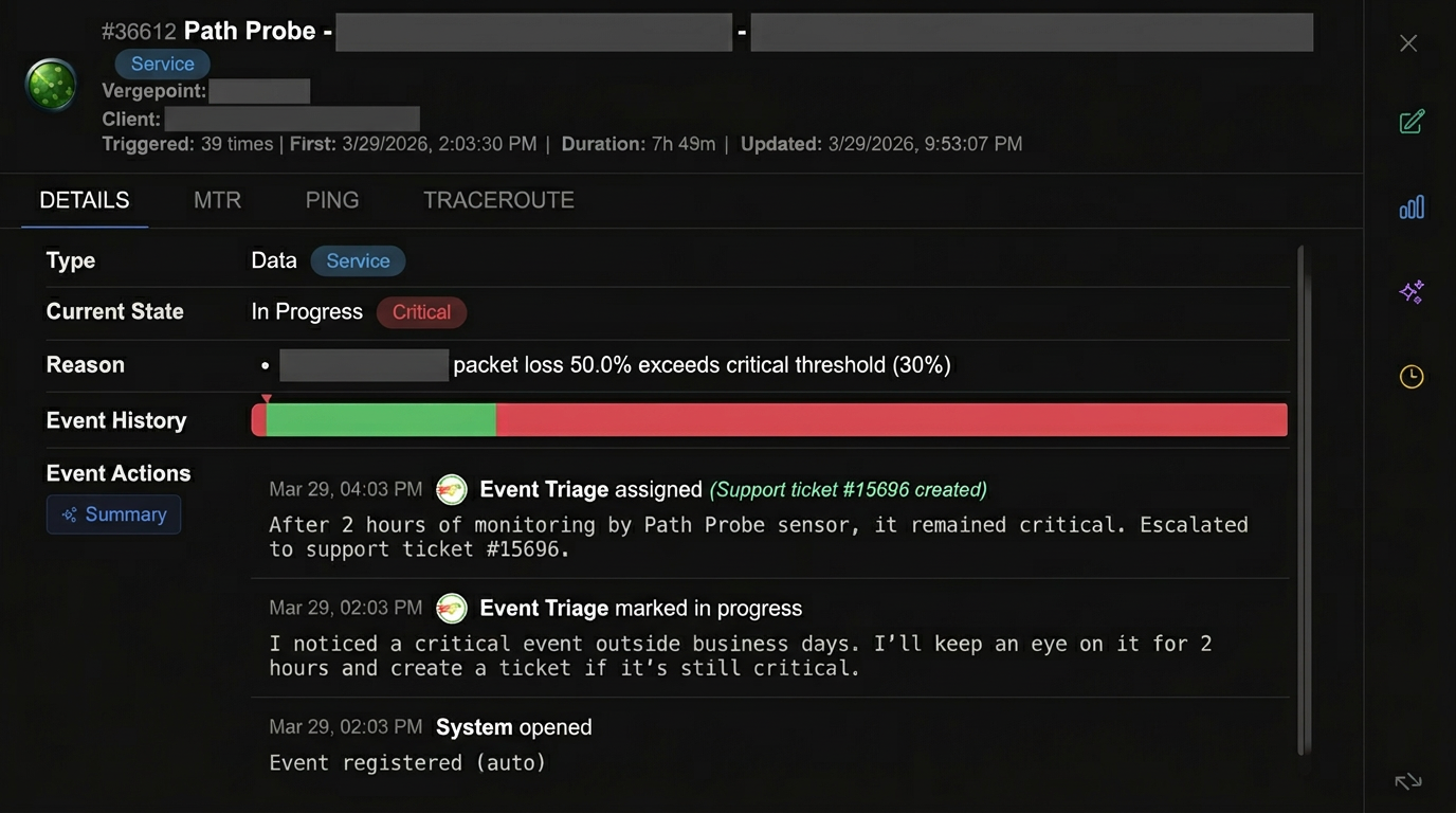 Event detail showing automated triage actions and ticket creation