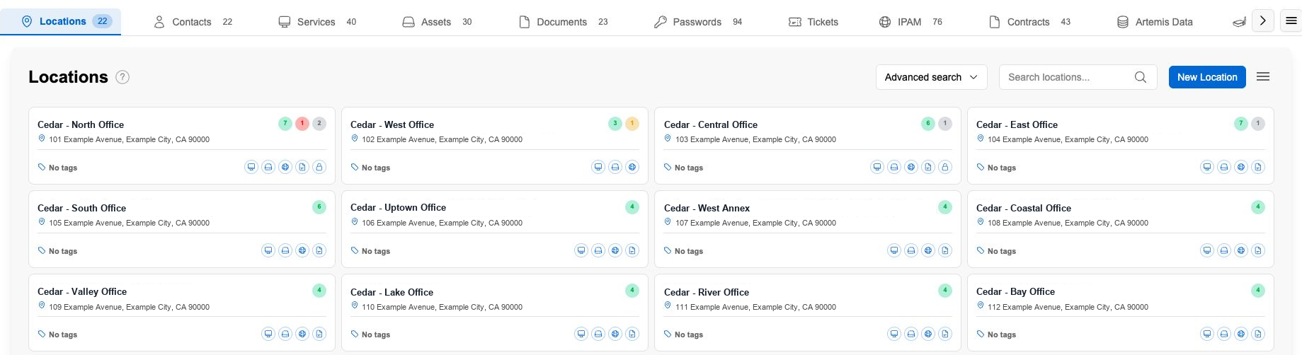 Client locations with health badges and links to services, assets and documentation