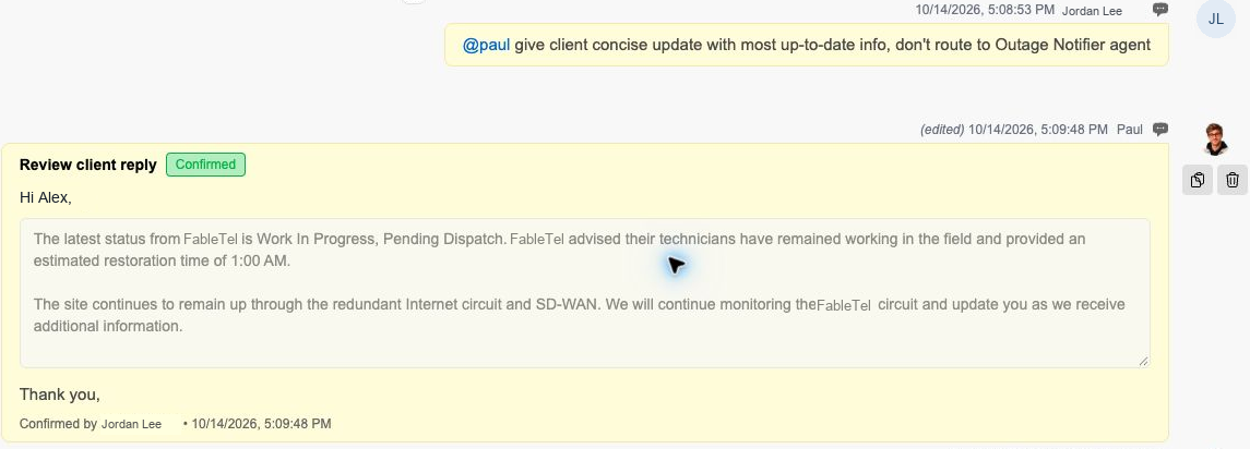 Agent-drafted customer updates with human approval
