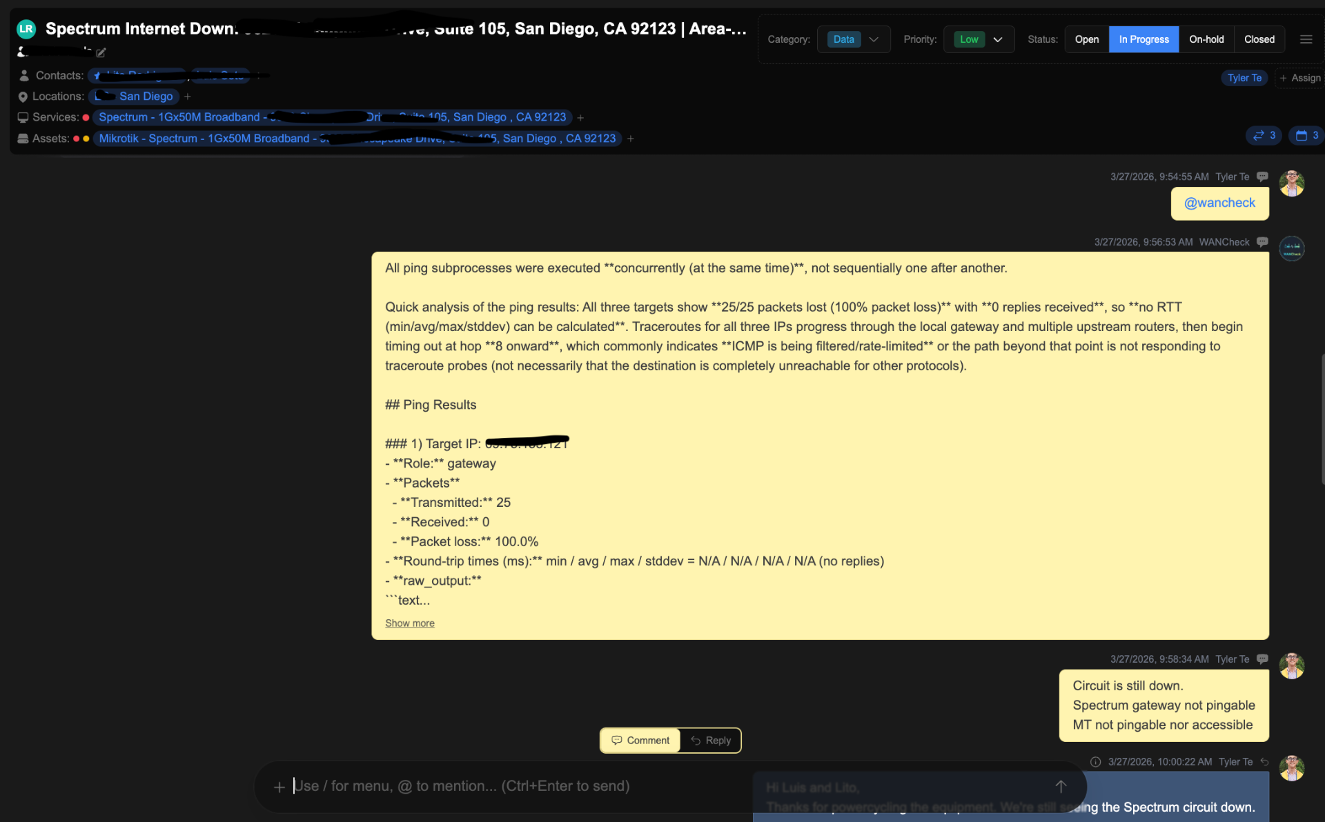 AI-powered WAN analysis and diagnostics in ticket