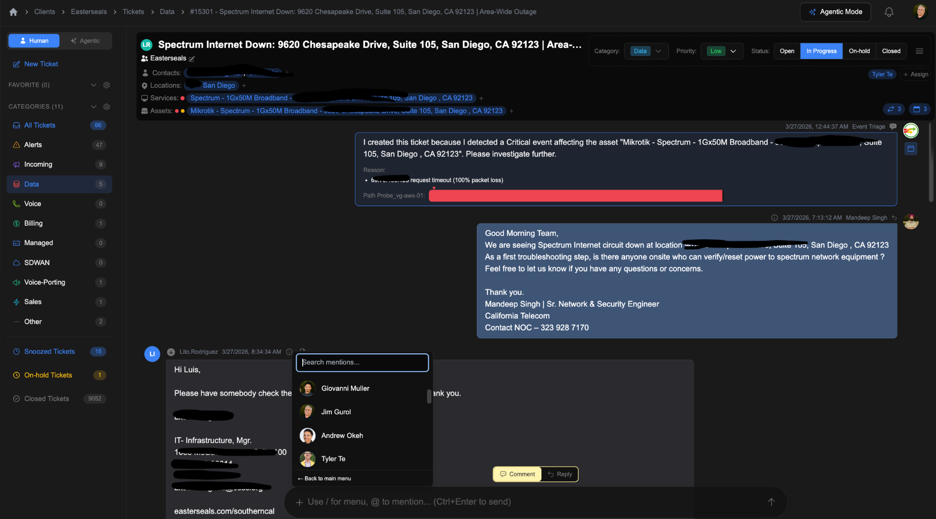 Ticket conversation view with AI triage, @mentions, and client communication