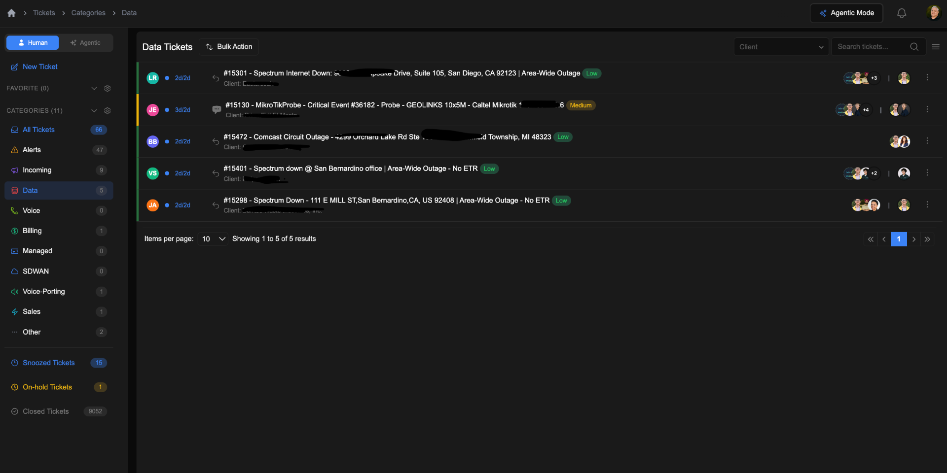 Data tickets queue with smart categories and priority badges